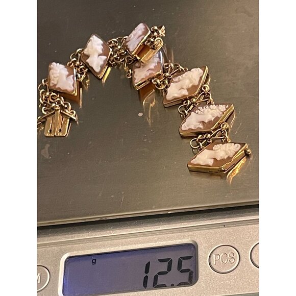 14K Gold Carved Shell Cameo Bracelet 6" With Geometric Diamond Design - Picture 5 of 16